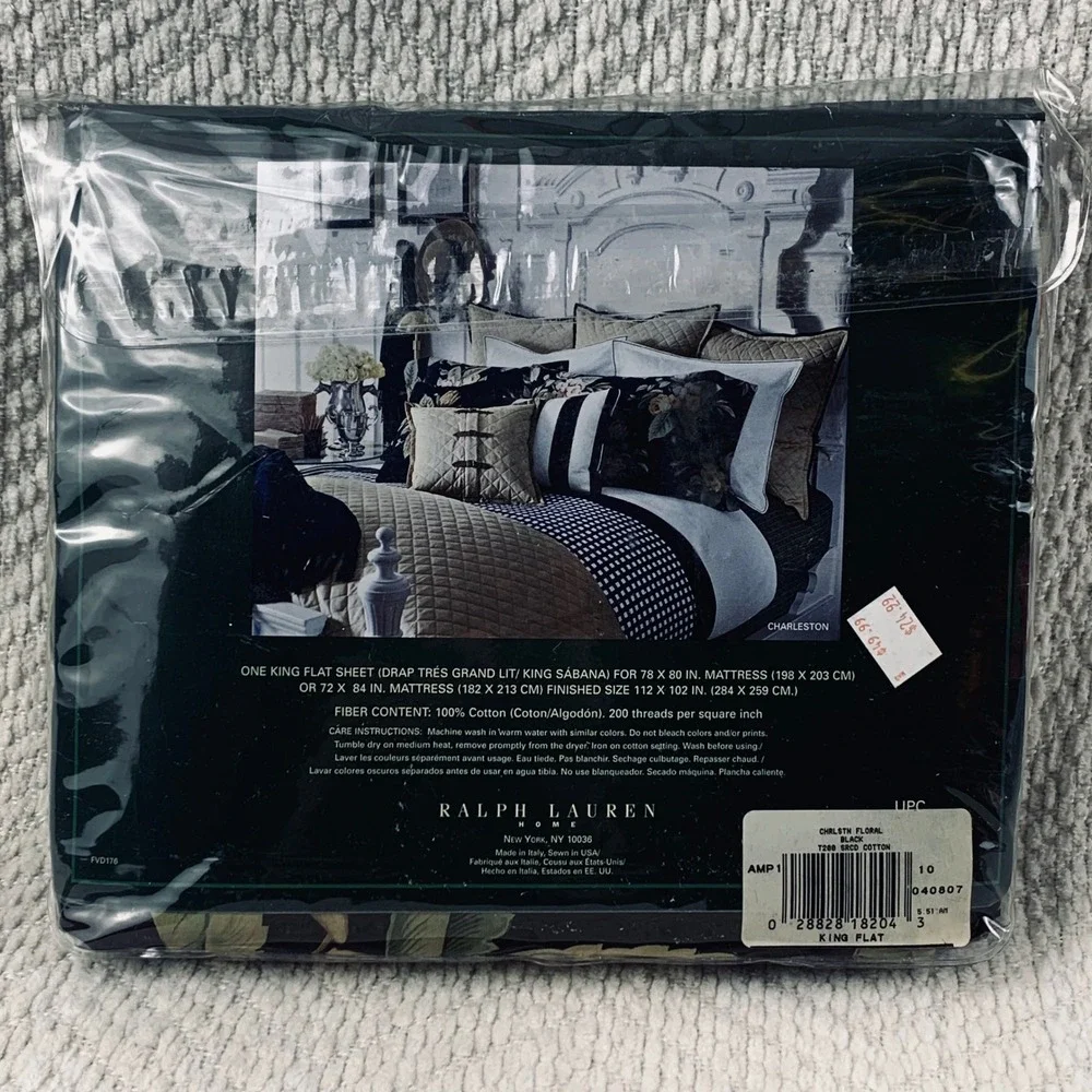 Vtg Ralph Lauren Flat Sheet King Black Charleston Floral 100% Cotton 200TC‎ New